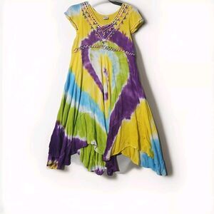 Y2K Yellow Tie Dye Rasta Music Fest Dress One Size Asymmetrical Hem Whimsy Fairy